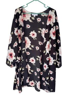 3/$20 Boutique + Floral Kimono Robe - Black with Pink Floral
